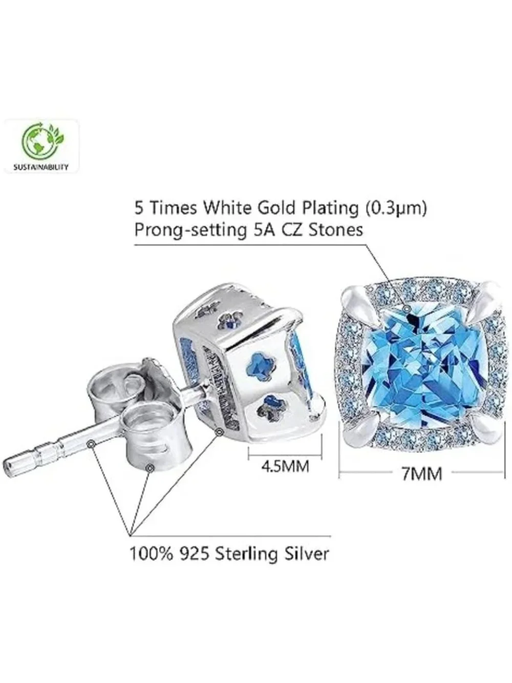Stylish Sterling Silver Men's Stud Earrings, 14K White Gold Plated, Fashion